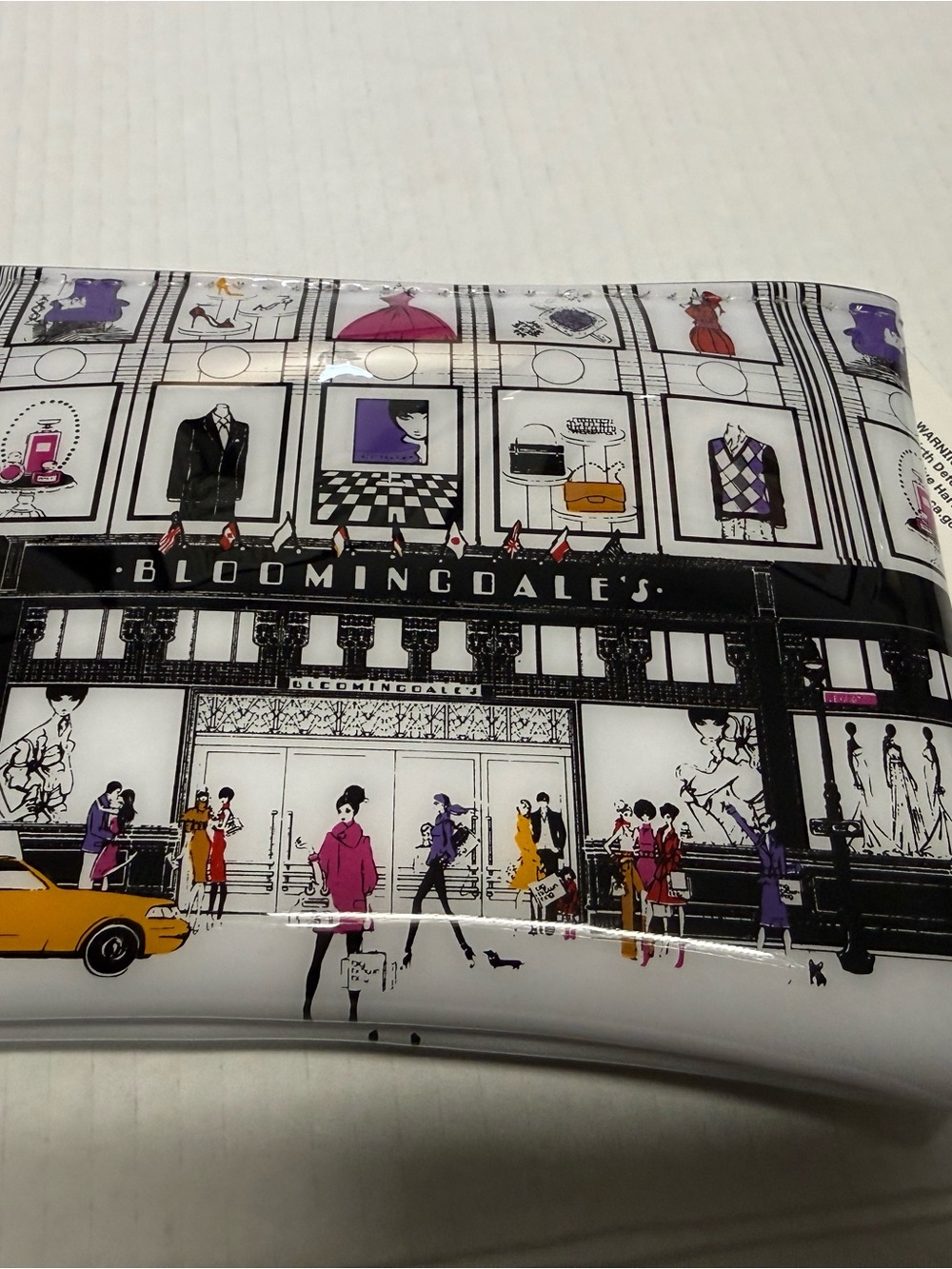 Bloomingdale's White Cosmetic Pouch with Purple, Black and Yellow Illustration - Picture 2 of 3